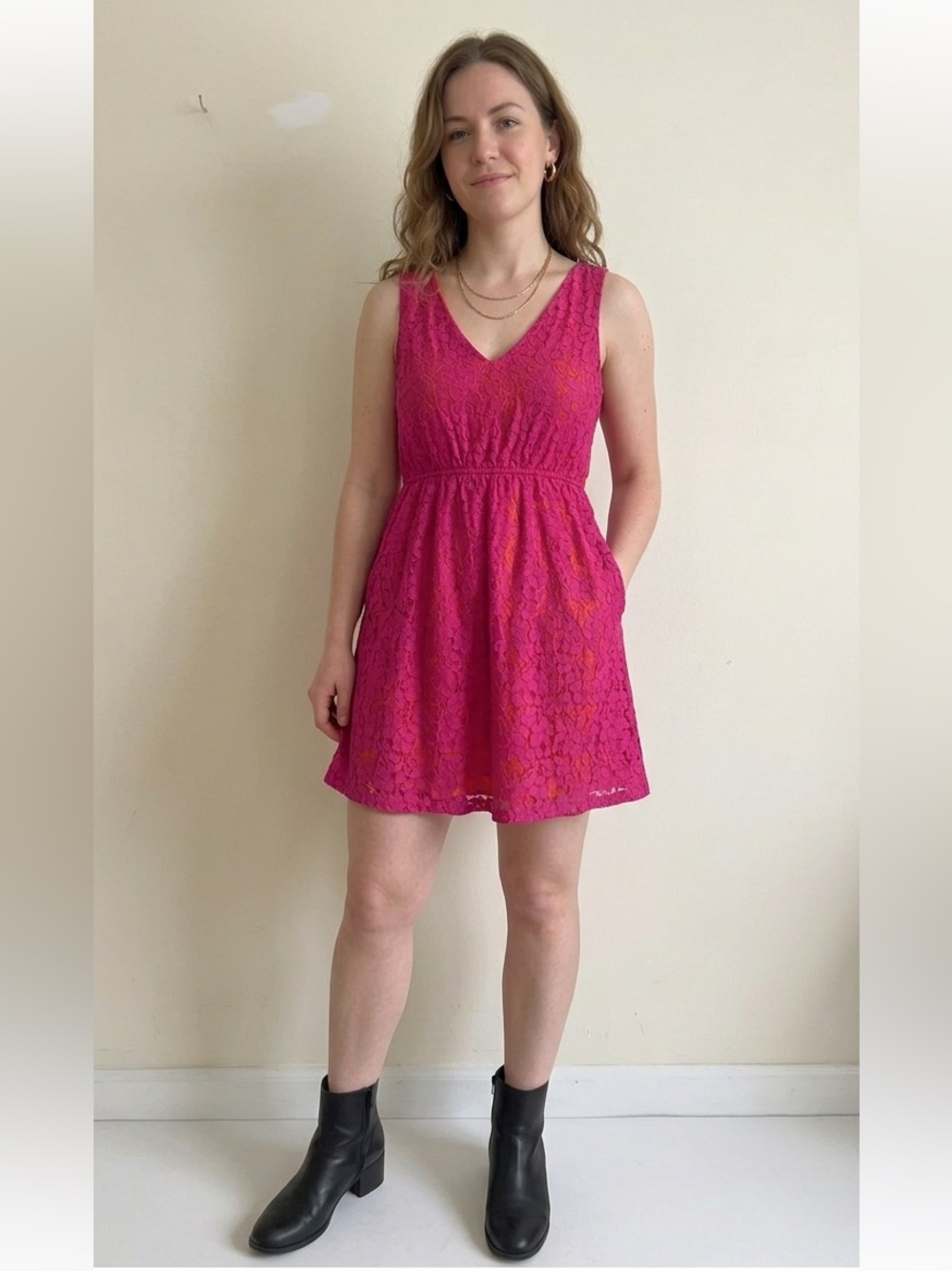 Buttons Hot Pink Lace Dress Women’s Small Orange Lined Party Cocktail Dress Sz S
